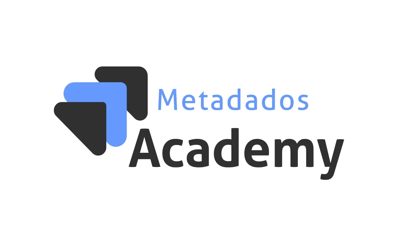 Logotipo da Metadados Academy, em fundo branco e letras azuis e cinza escuro