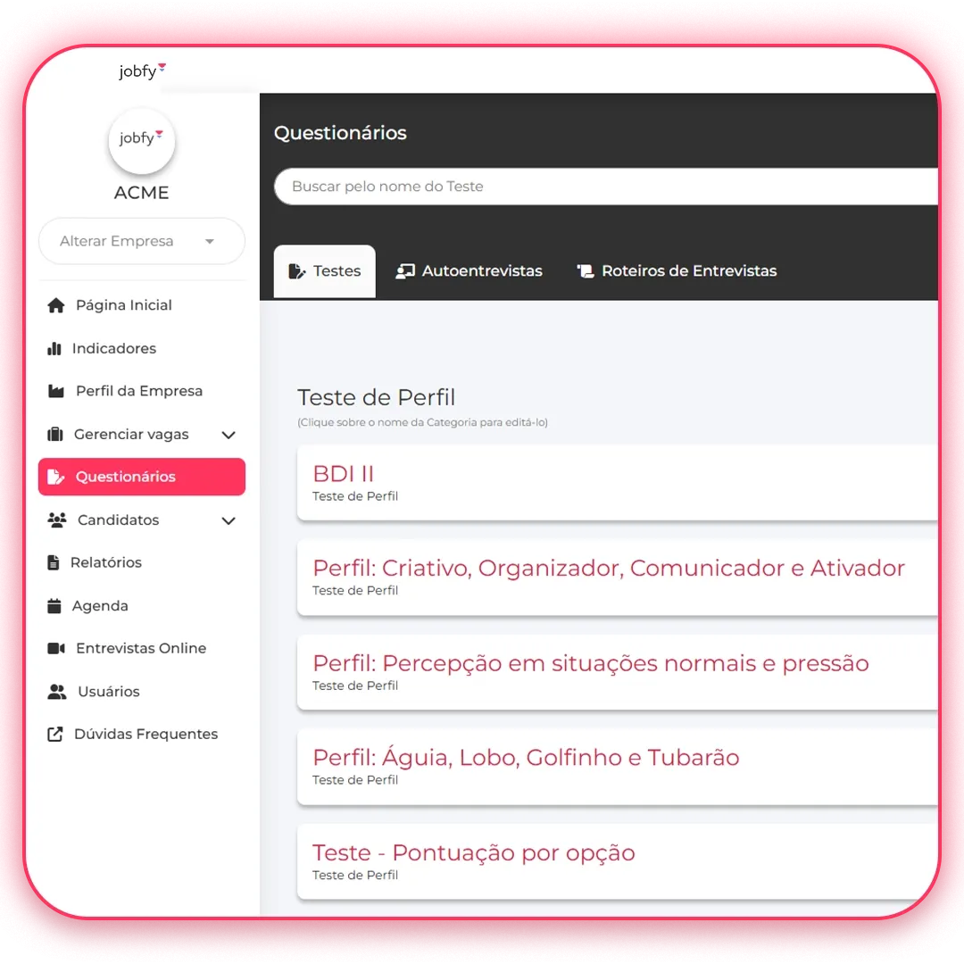 Tela do produto Jobfy, da Metadados